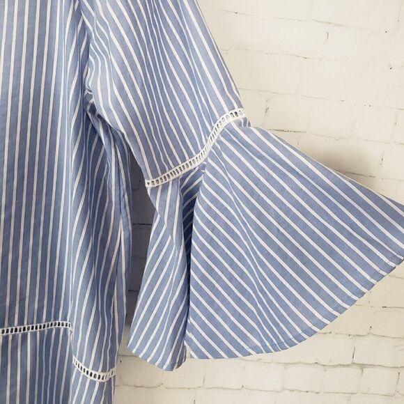 Pleione Off The Shoulder Blue White Striped Top Size S Flutter Bell Sleeve NEW - Picture 4 of 8